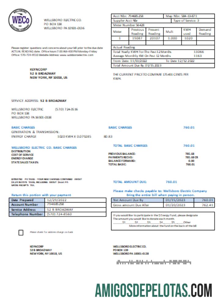 Projeto de lei de negócios de serviços públicos da Wellsboro Electric Co, SCR amostra
